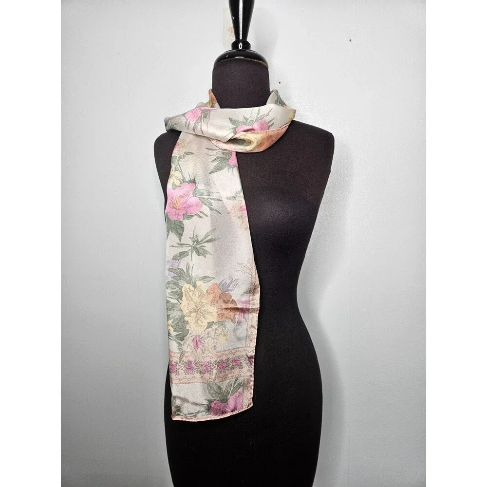 Vtg Liz Claiborne Silk Scarf Floral Rectangular 10x50 Made in Japan Cottagecore